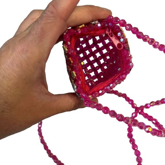 Vintage Tiny Pink Beaded Colorful Floral Purse With Long Strap Girls & Women - Picture 3 of 9